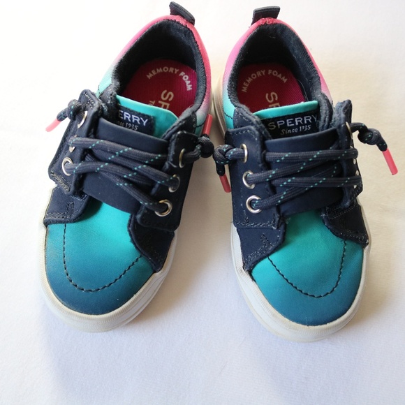 SPERRY Baby Infant Boat Shoes Canvas Laces Blue Pink Ombre 5 months - Picture 3 of 14